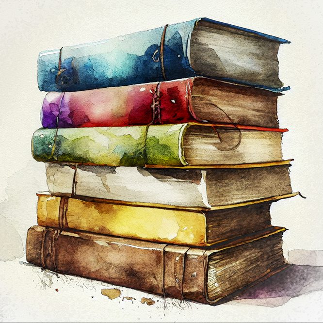 Stack of old antique books, digital illustration in sketch style